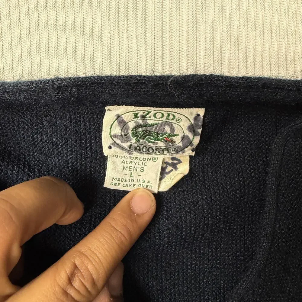 Vintage Izod Lacoste Sweater Mens Large Blue V Neck Cardigan Orlon Acrylic 80s